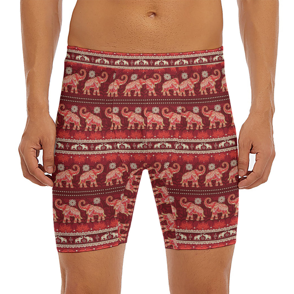 Red Indian Elephant Pattern Print Men's Long Boxer Briefs