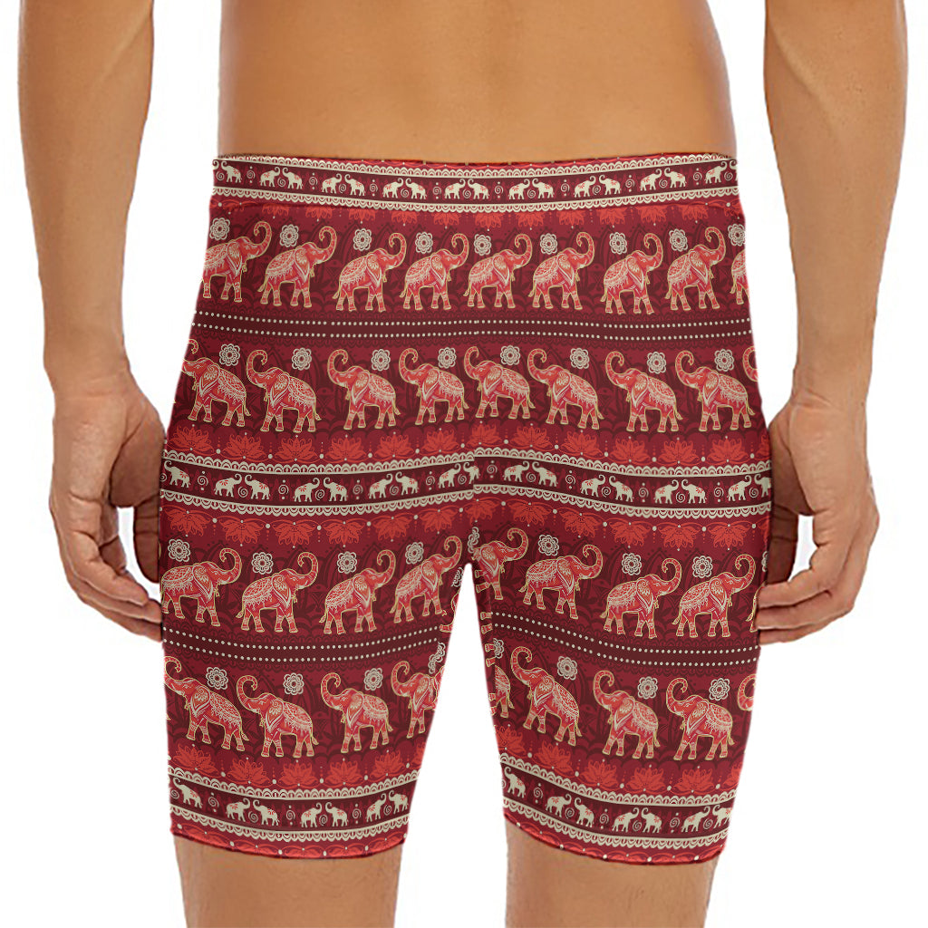 Red Indian Elephant Pattern Print Men's Long Boxer Briefs