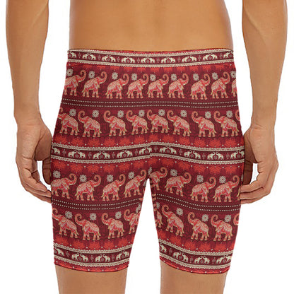 Red Indian Elephant Pattern Print Men's Long Boxer Briefs