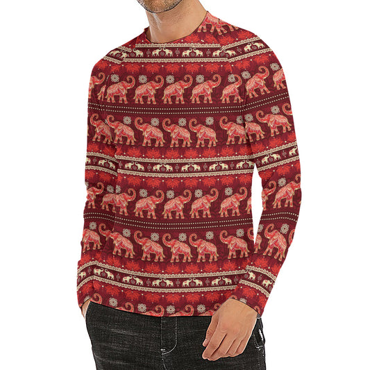 Red Indian Elephant Pattern Print Men's Long Sleeve Rash Guard