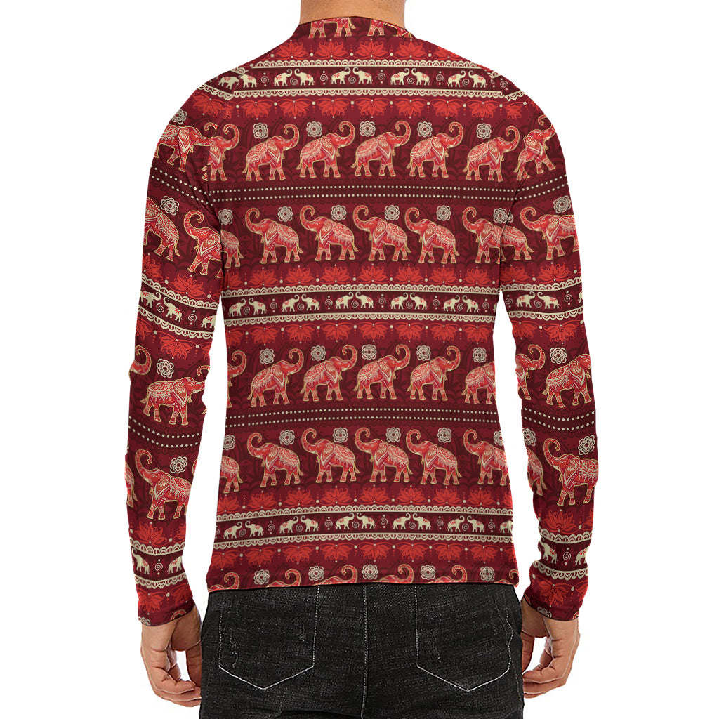 Red Indian Elephant Pattern Print Men's Long Sleeve Rash Guard