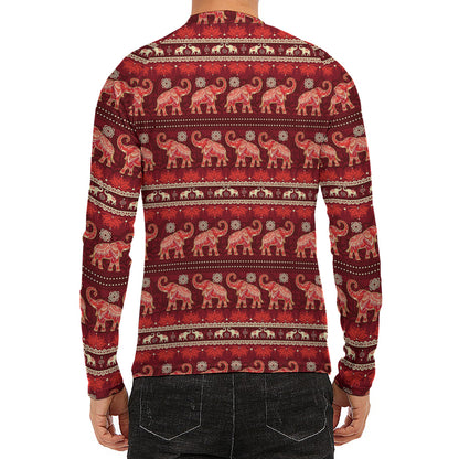 Red Indian Elephant Pattern Print Men's Long Sleeve Rash Guard