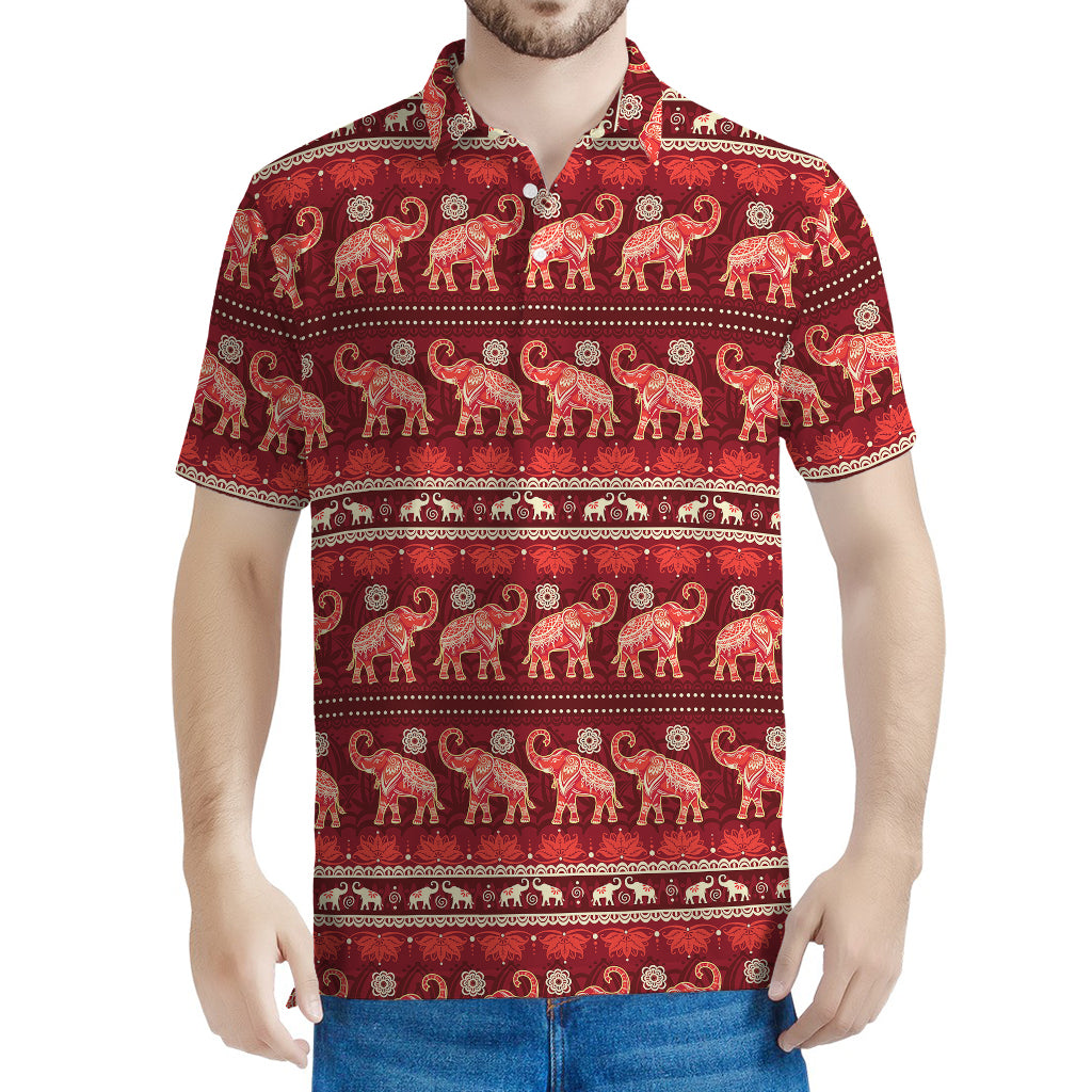 Red Indian Elephant Pattern Print Men's Polo Shirt