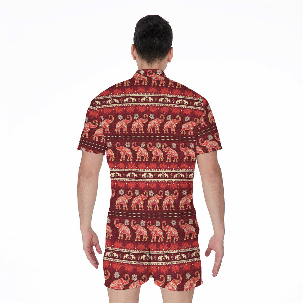 Red Indian Elephant Pattern Print Men's Rompers