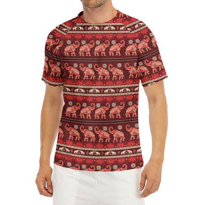 Red Indian Elephant Pattern Print Men's Short Sleeve Rash Guard