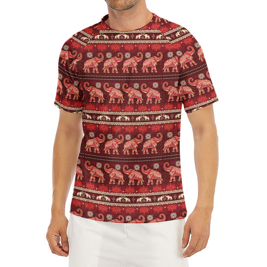 Red Indian Elephant Pattern Print Men's Short Sleeve Rash Guard