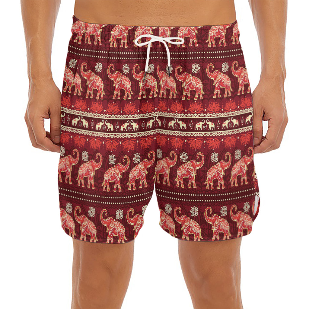 Red Indian Elephant Pattern Print Men's Split Running Shorts