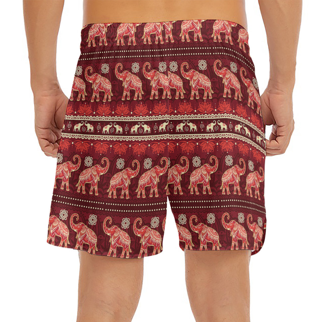 Red Indian Elephant Pattern Print Men's Split Running Shorts