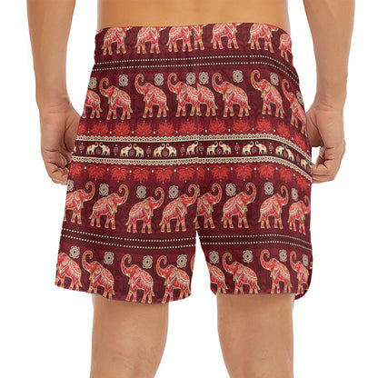 Red Indian Elephant Pattern Print Men's Split Running Shorts