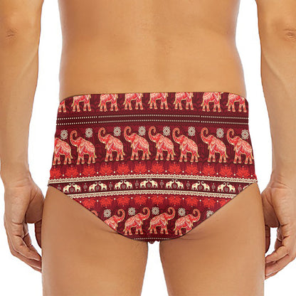 Red Indian Elephant Pattern Print Men's Triangle Swim Briefs