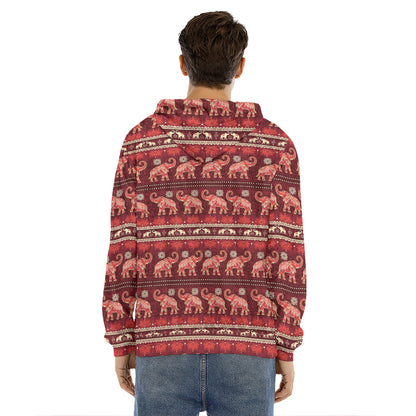 Red Indian Elephant Pattern Print Men's Velvet Pullover Hoodie