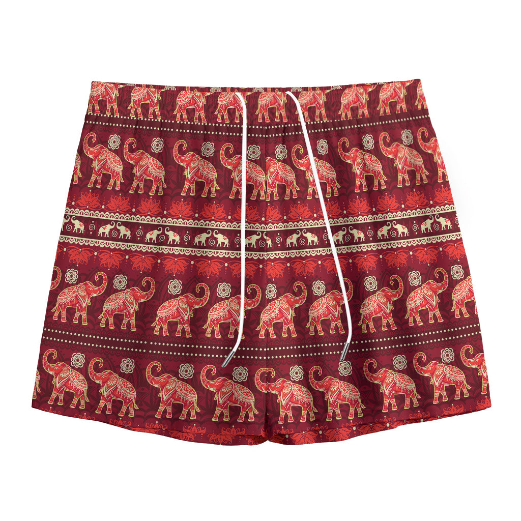 Red Indian Elephant Pattern Print Mesh Shorts