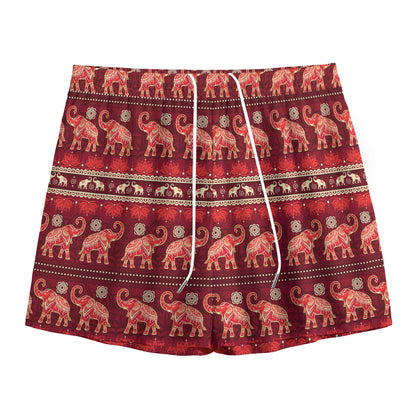 Red Indian Elephant Pattern Print Mesh Shorts