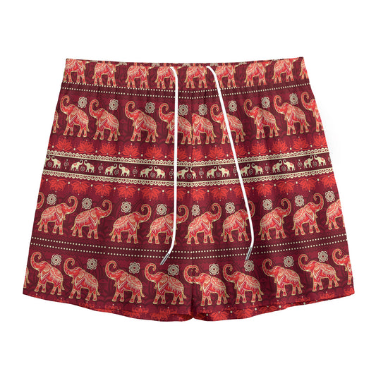 Red Indian Elephant Pattern Print Mesh Shorts