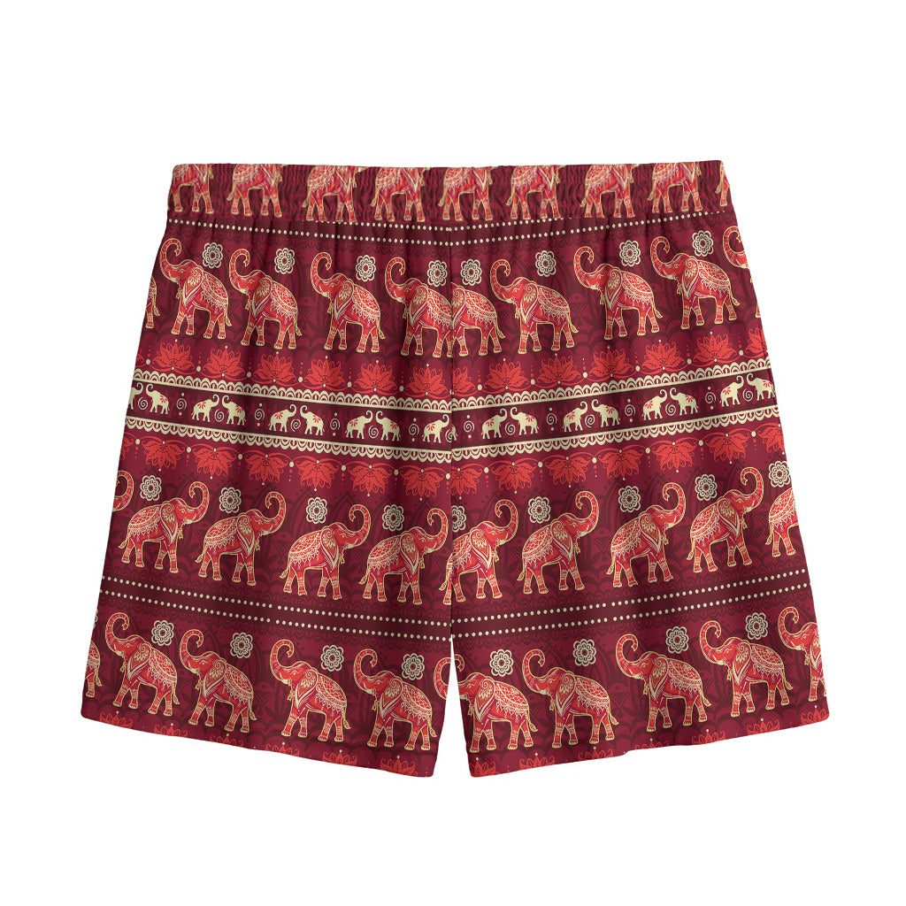 Red Indian Elephant Pattern Print Mesh Shorts
