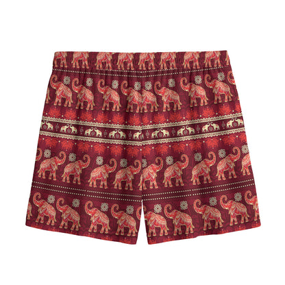 Red Indian Elephant Pattern Print Mesh Shorts