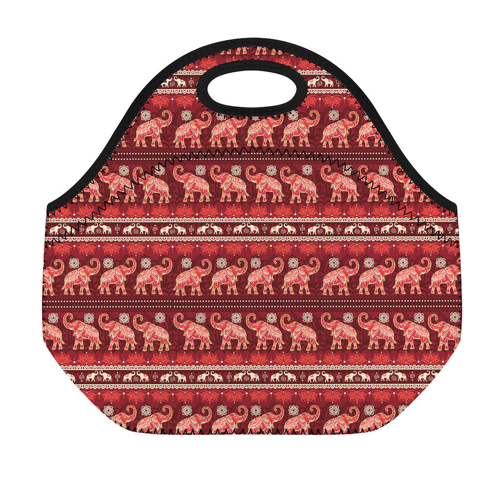 Red Indian Elephant Pattern Print Neoprene Lunch Bag