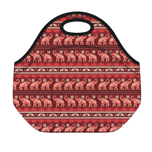 Red Indian Elephant Pattern Print Neoprene Lunch Bag