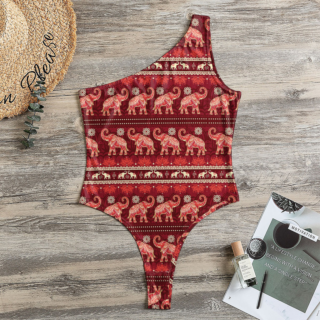 Red Indian Elephant Pattern Print One Shoulder Bodysuit