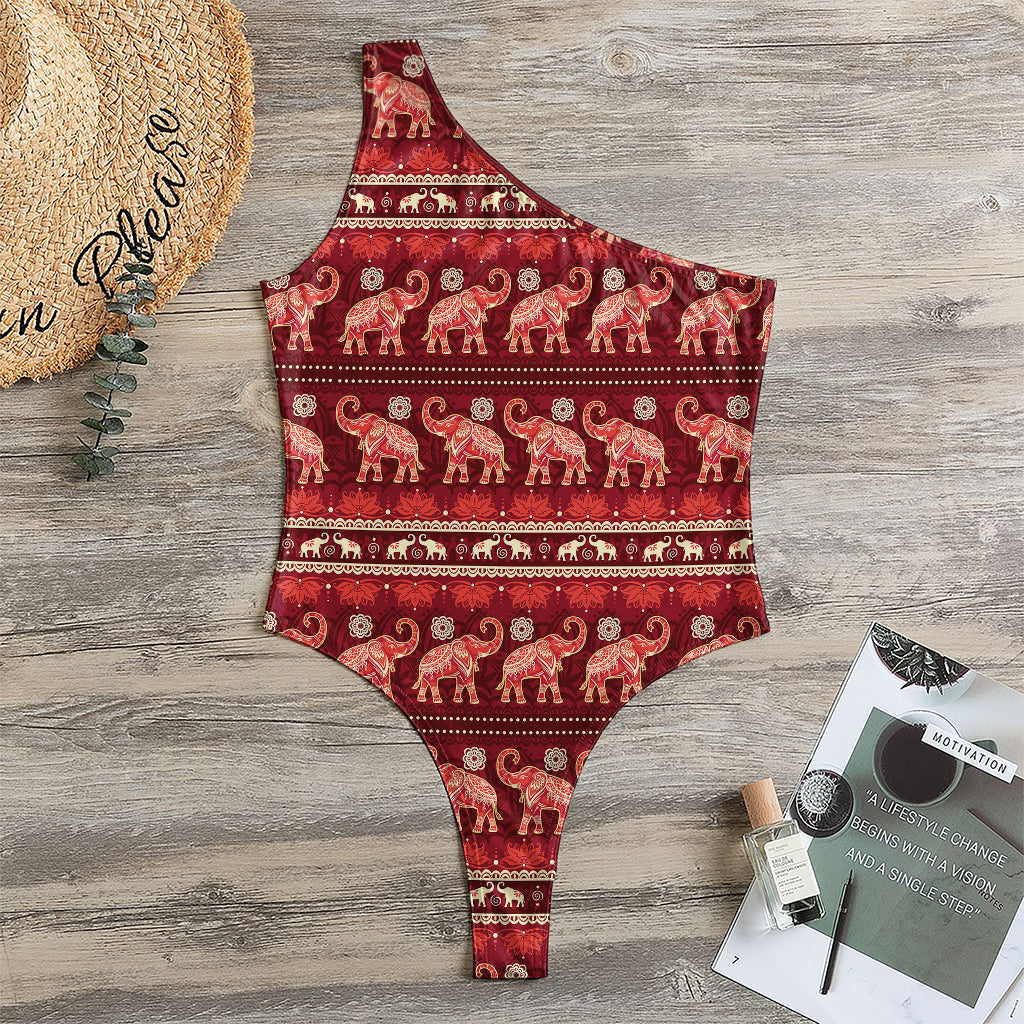 Red Indian Elephant Pattern Print One Shoulder Bodysuit