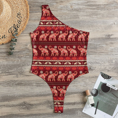 Red Indian Elephant Pattern Print One Shoulder Bodysuit