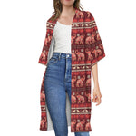 Red Indian Elephant Pattern Print Open Front Beach Cover Up