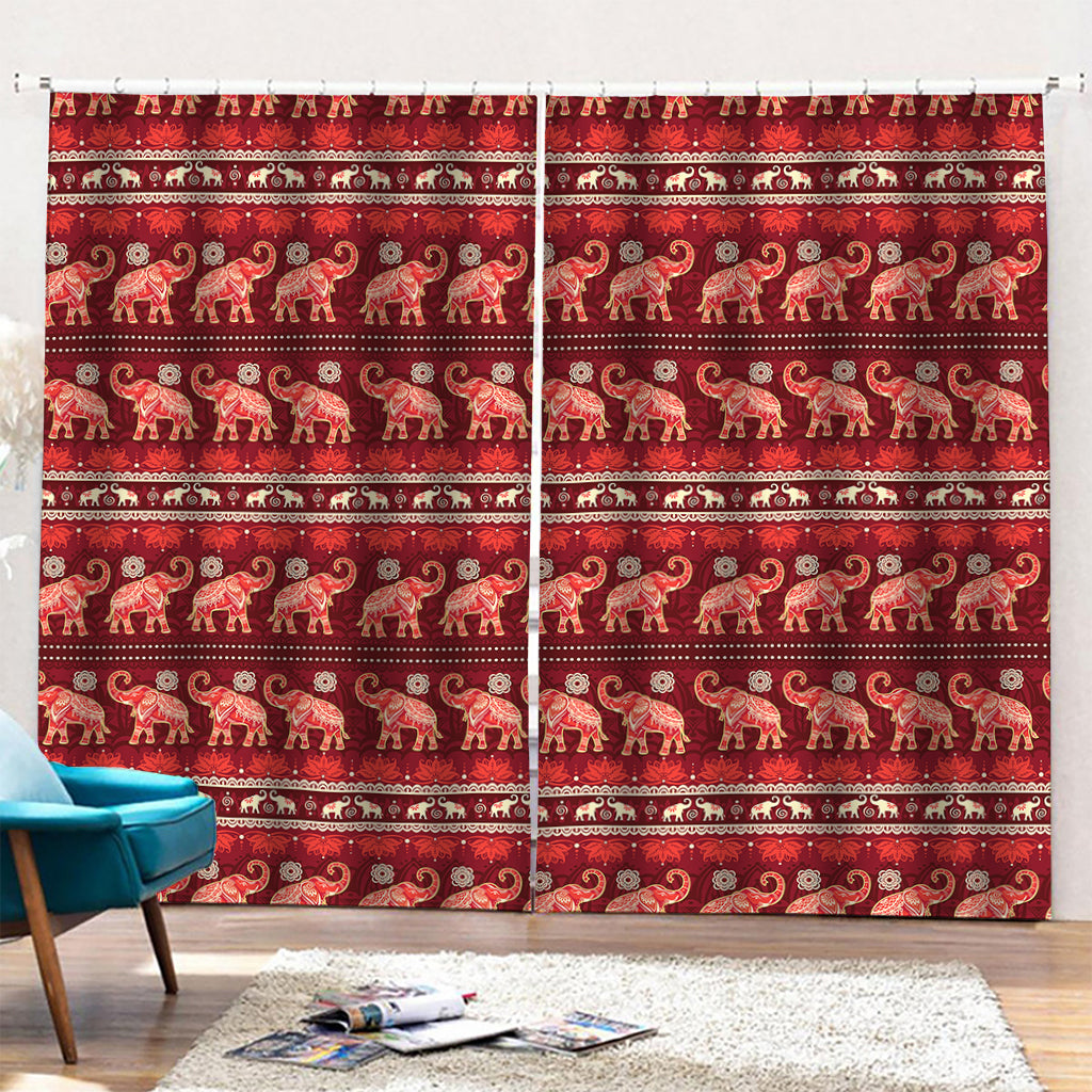 Red Indian Elephant Pattern Print Pencil Pleat Curtains