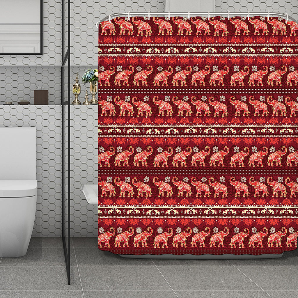 Red Indian Elephant Pattern Print Polyester Shower Curtain