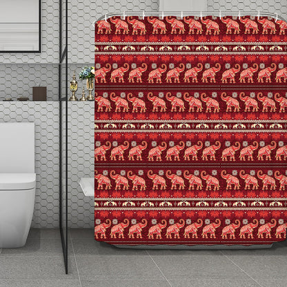 Red Indian Elephant Pattern Print Polyester Shower Curtain