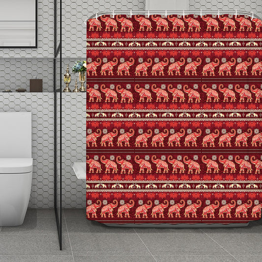 Red Indian Elephant Pattern Print Polyester Shower Curtain