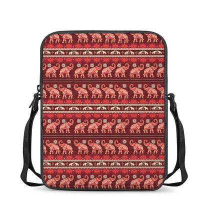 Red Indian Elephant Pattern Print Rectangular Crossbody Bag