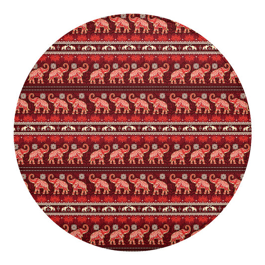 Red Indian Elephant Pattern Print Round Blanket