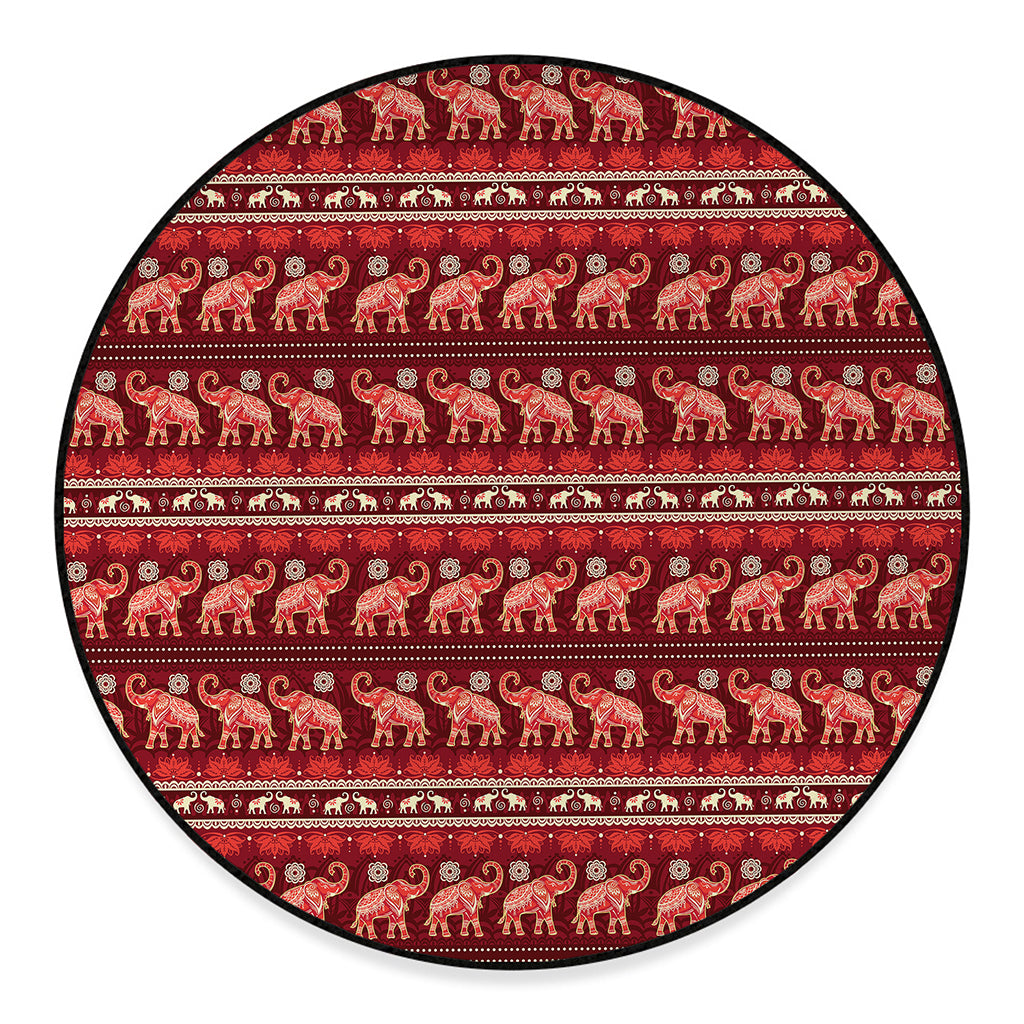 Red Indian Elephant Pattern Print Round Floor Mat