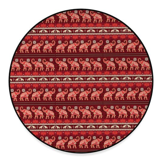 Red Indian Elephant Pattern Print Round Floor Mat