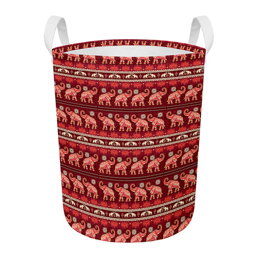 Red Indian Elephant Pattern Print Round Laundry Basket