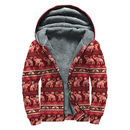Red Indian Elephant Pattern Print Sherpa Lined Zip Up Hoodie