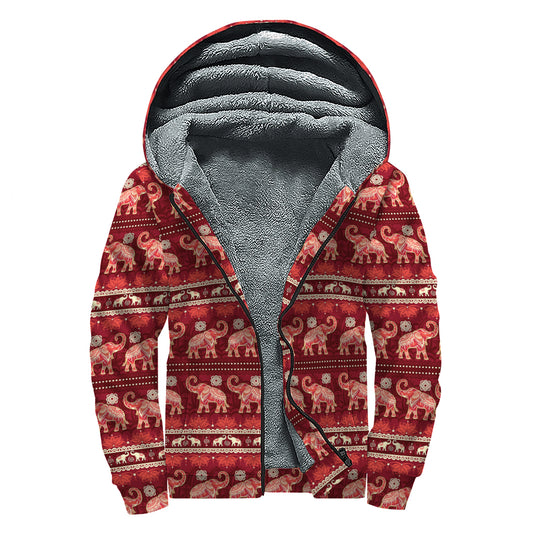 Red Indian Elephant Pattern Print Sherpa Lined Zip Up Hoodie