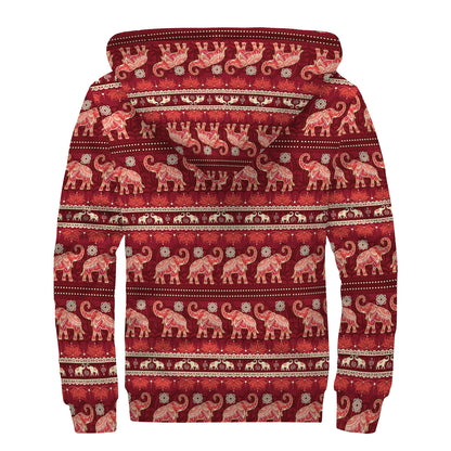 Red Indian Elephant Pattern Print Sherpa Lined Zip Up Hoodie