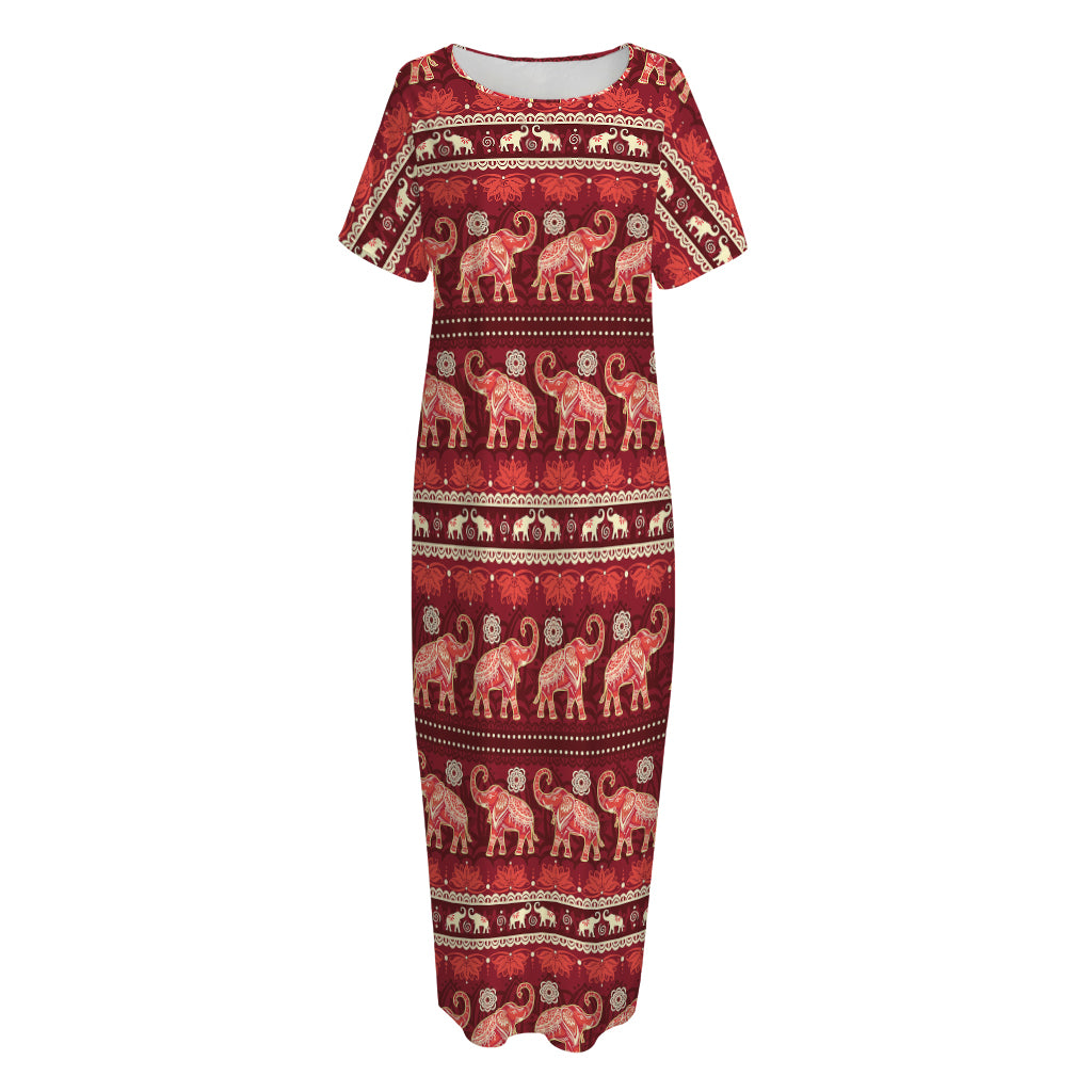 Red Indian Elephant Pattern Print Short Sleeve Long Nightdress