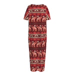 Red Indian Elephant Pattern Print Short Sleeve Long Nightdress