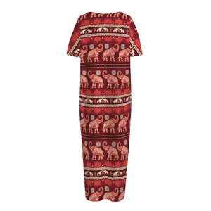 Red Indian Elephant Pattern Print Short Sleeve Long Nightdress