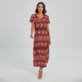 Red Indian Elephant Pattern Print Short Sleeve Maxi Dress