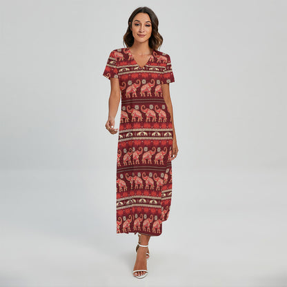 Red Indian Elephant Pattern Print Short Sleeve Maxi Dress