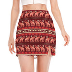 Red Indian Elephant Pattern Print Side Slit Mini Skirt