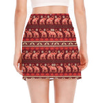 Red Indian Elephant Pattern Print Side Slit Mini Skirt