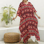 Red Indian Elephant Pattern Print Silk V-Neck Kaftan Dress