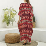 Red Indian Elephant Pattern Print Silk V-Neck Kaftan Dress