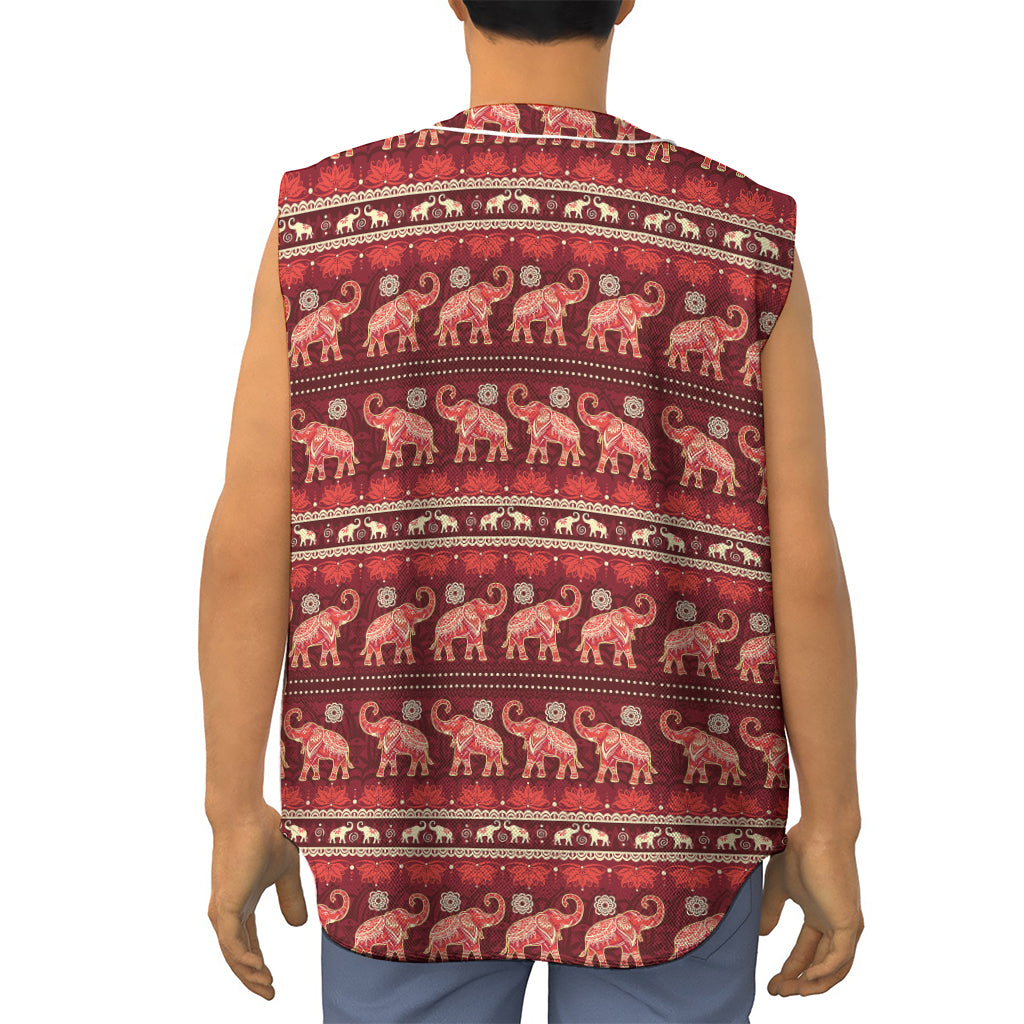 Red Indian Elephant Pattern Print Sleeveless Baseball Jersey