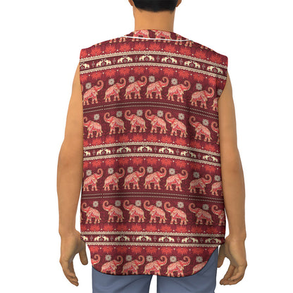 Red Indian Elephant Pattern Print Sleeveless Baseball Jersey