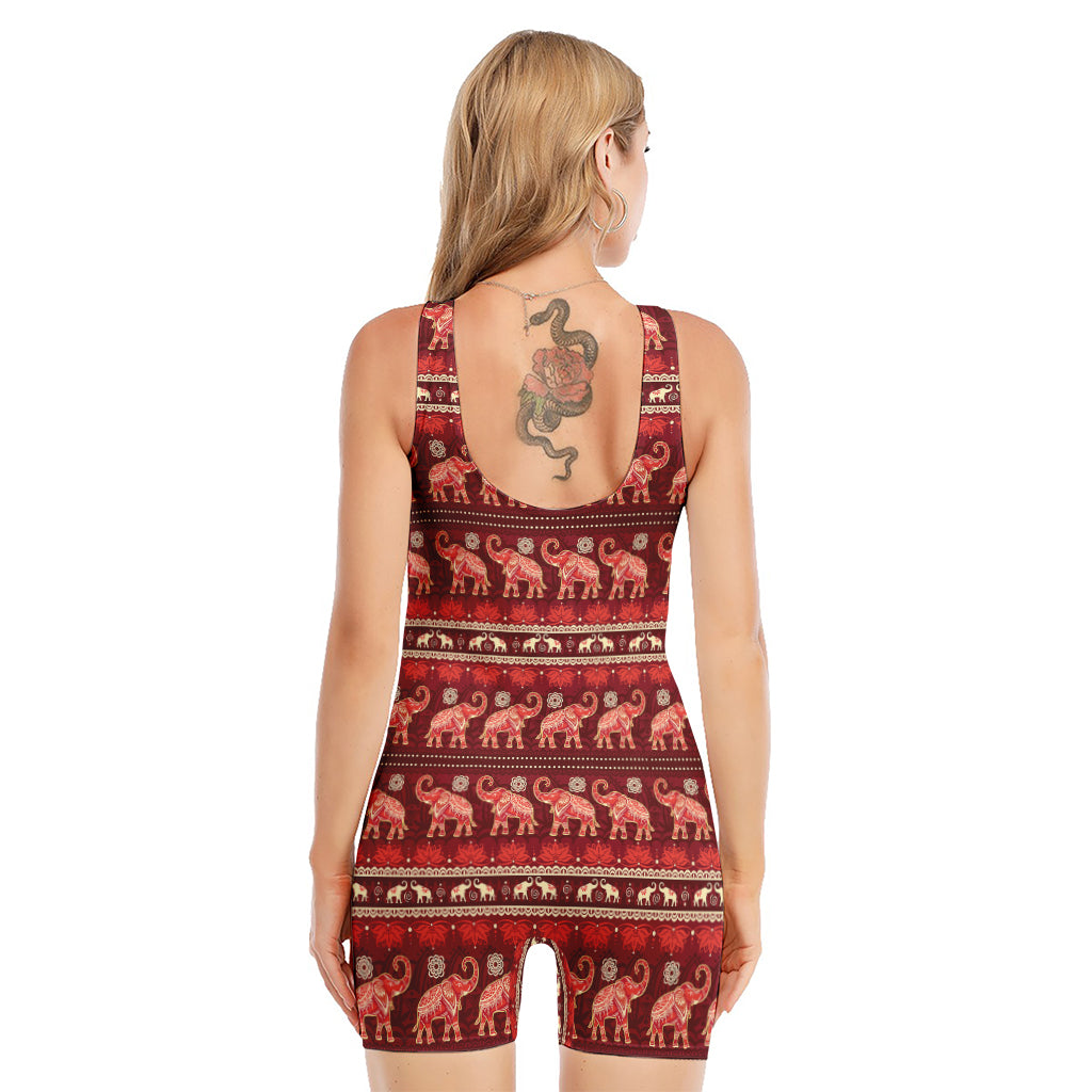 Red Indian Elephant Pattern Print Sleeveless One Piece Swimsuit
